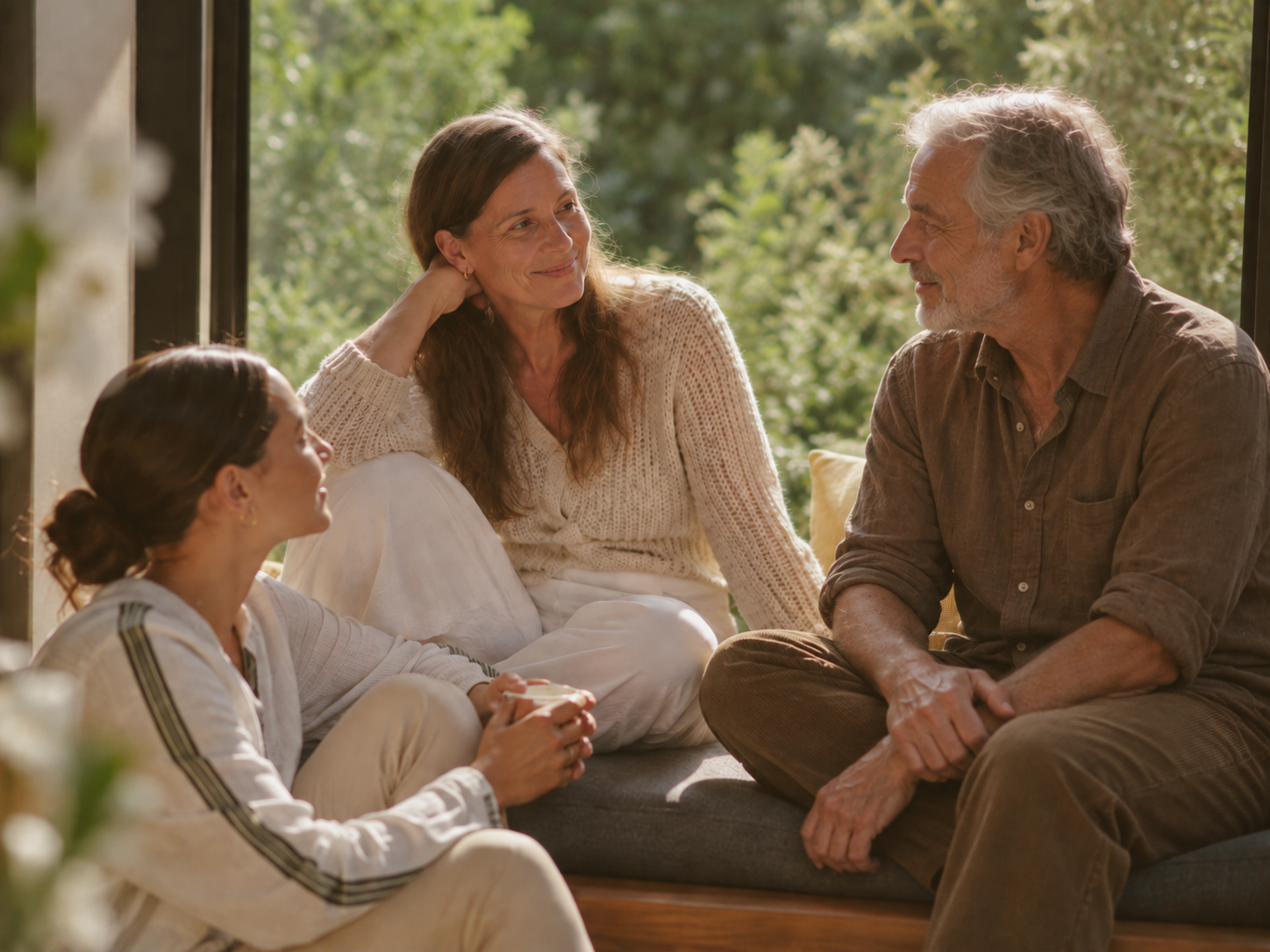 Three adults of different ages sitting together in conversation
